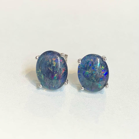 Sterling Silver Oval Blue-Green Triplet Opal Stud Earrings - G1907
