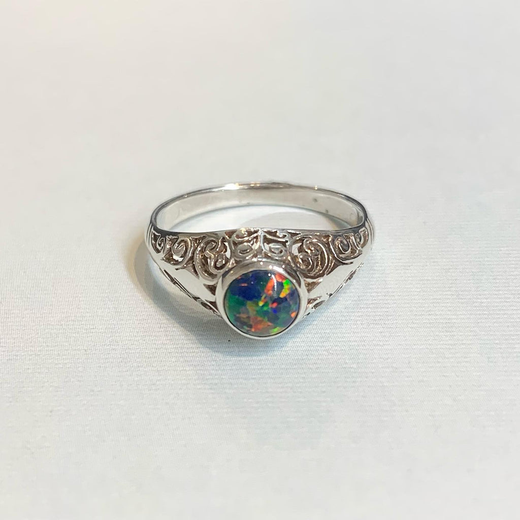 Sterling Silver Raised Filigree Ring with Black Man-Made Round Opal - R1725