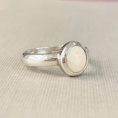 Sterling Silver Solid Oval White Opal Ring - R2754