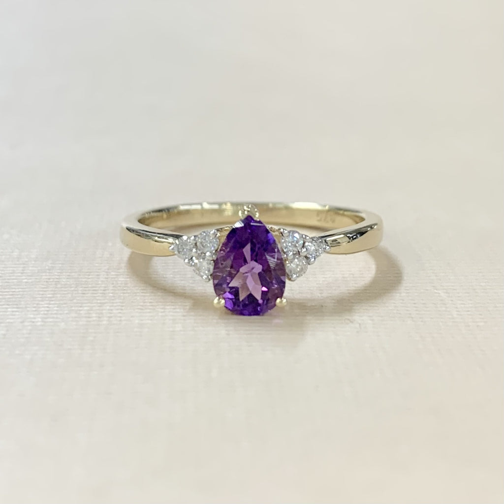 9ct Yellow Gold Pear Shaped Amethyst & Diamond Ring - G9045