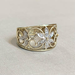 9ct Yellow Gold Ladies Filigree and Floral Design Ring with Diamond Set Petals - R2502
