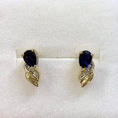 9ct Yellow Gold Pear Shape Blue Sapphire and Diamond Studs - G6924