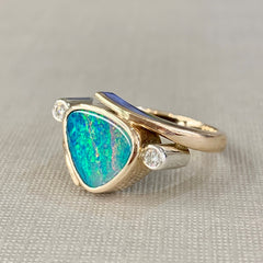 Handmade 9ct Yellow Gold Opal Doublet And Diamond Ring - R2038