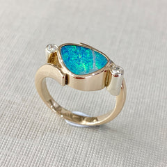 Handmade 9ct Yellow Gold Opal Doublet And Diamond Ring - R2038