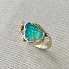 Handmade 9ct Yellow Gold Opal Doublet And Diamond Ring - R2038