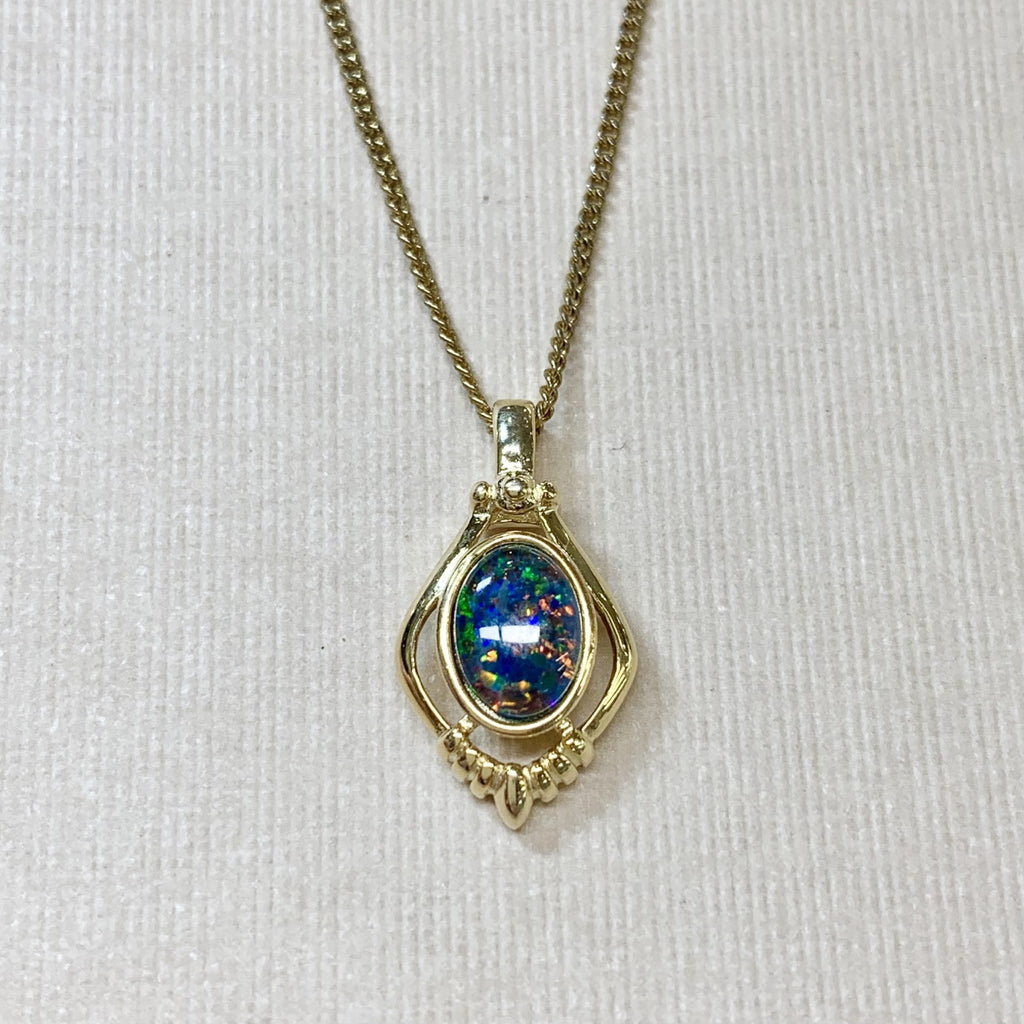 S/S Hard-Yellow-Gold-Plated Triplet Oval Opal Pendant - G9043