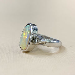 Sterling Silver Solid Diamond & Coober Pedy Tear Drop Crystal Opal Ring - R2152