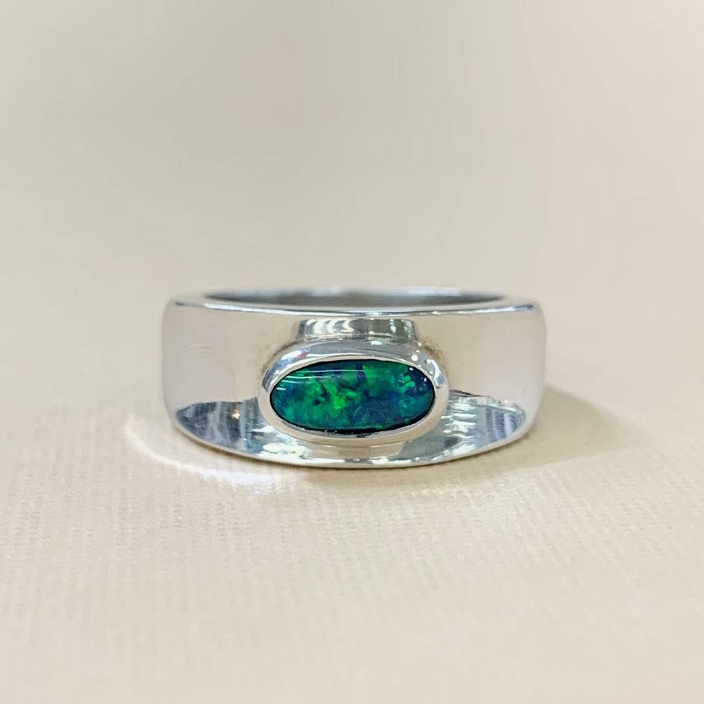 Sterling Silver Unisex Solid 1.1Ct Opal Concave Ring - R2037