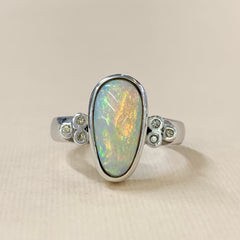 Sterling Silver Solid Diamond & Coober Pedy Tear Drop Crystal Opal Ring - R2152