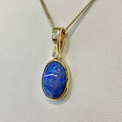 9ct Yellow Gold Solid Blue Oval Opal & Diamond Pendant - G7160
