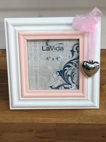 10x10cm Pink And White Wooden Photo Frame With Pink Ribbon - G3069