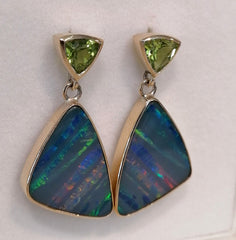 9ct Yellow Gold Opal and Peridot Drop Earrings -G7216