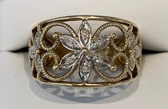 9ct Yellow Gold Ladies Filigree and Floral Design Ring with Diamond Set Petals - R2502
