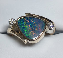 Handmade 9ct Yellow Gold Opal Doublet And Diamond Ring - R2038