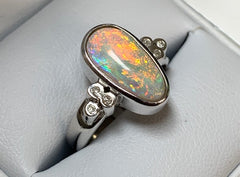 Sterling Silver Solid Diamond & Coober Pedy Tear Drop Crystal Opal Ring - R2152