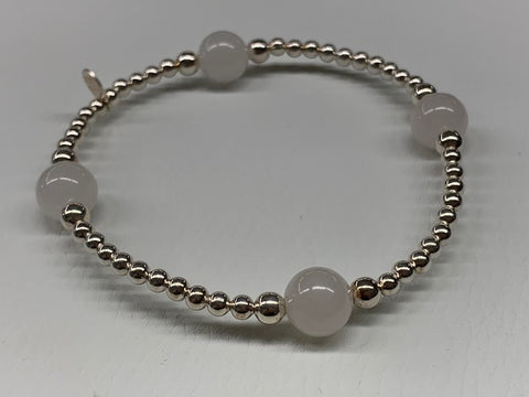 Sterling Silver Elastic Ball Bracelet With Rose Quartz Beads - G4759