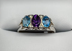 Sterling Silver Amethyst, Blue Topaz And Cubic Zirconia Trio Ring - G3589