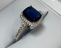 Sterling Silver Cushion Cut Created Sapphire and Cubic Zirconia Ring - R2141