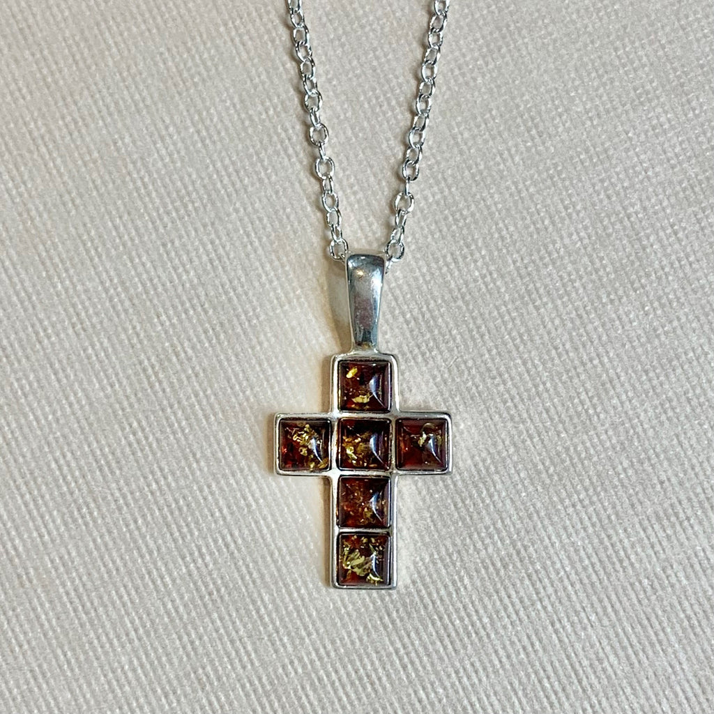 Sterling Silver Square Amber Cross Pendant - G8782