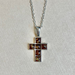 Sterling Silver Square Amber Cross Pendant - G8782