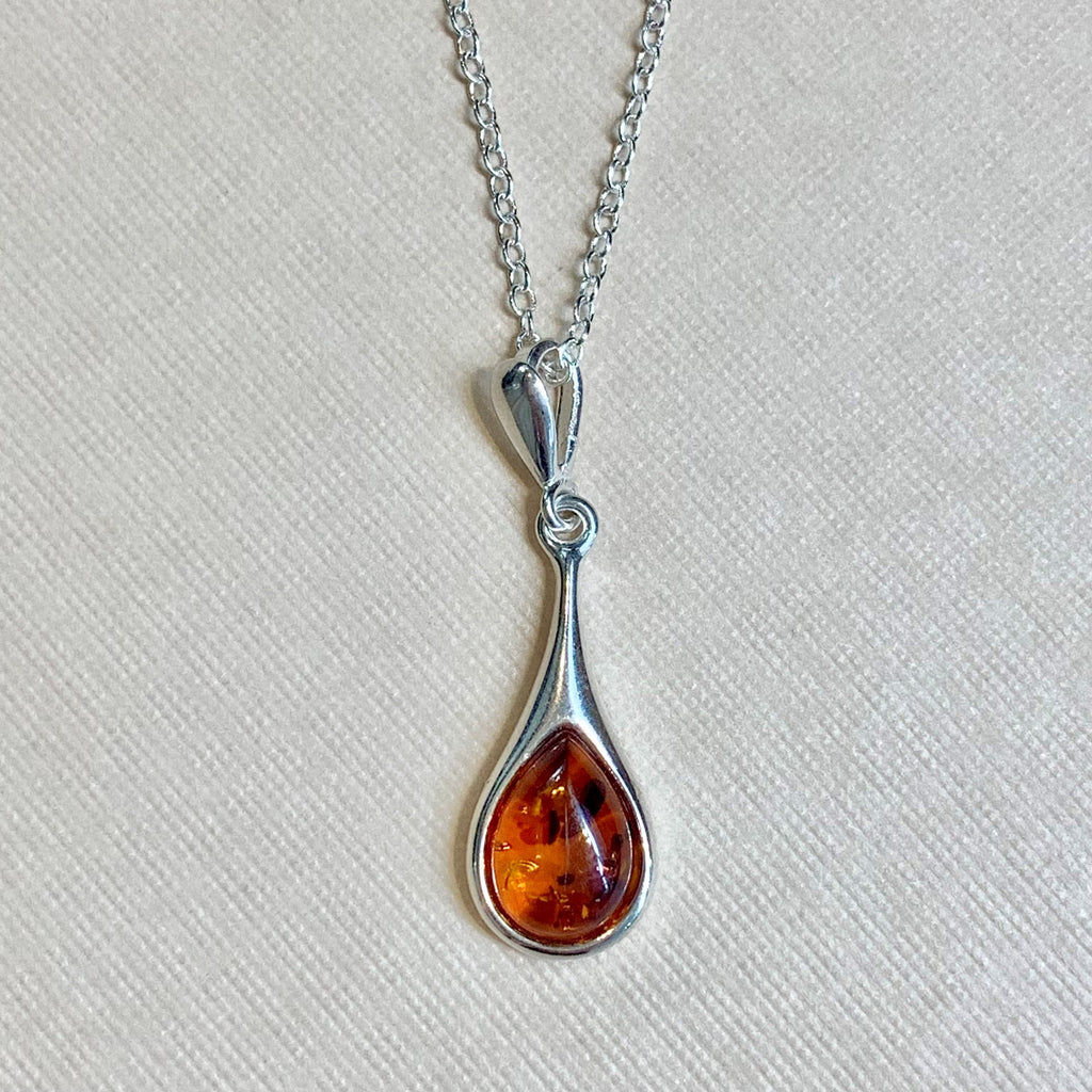 Sterling Silver Elongated Amber Tear-drop Pendant - G8785
