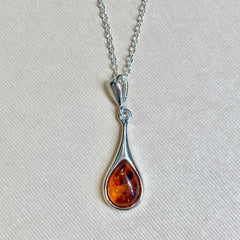 Sterling Silver Elongated Amber Tear-drop Pendant - G8785