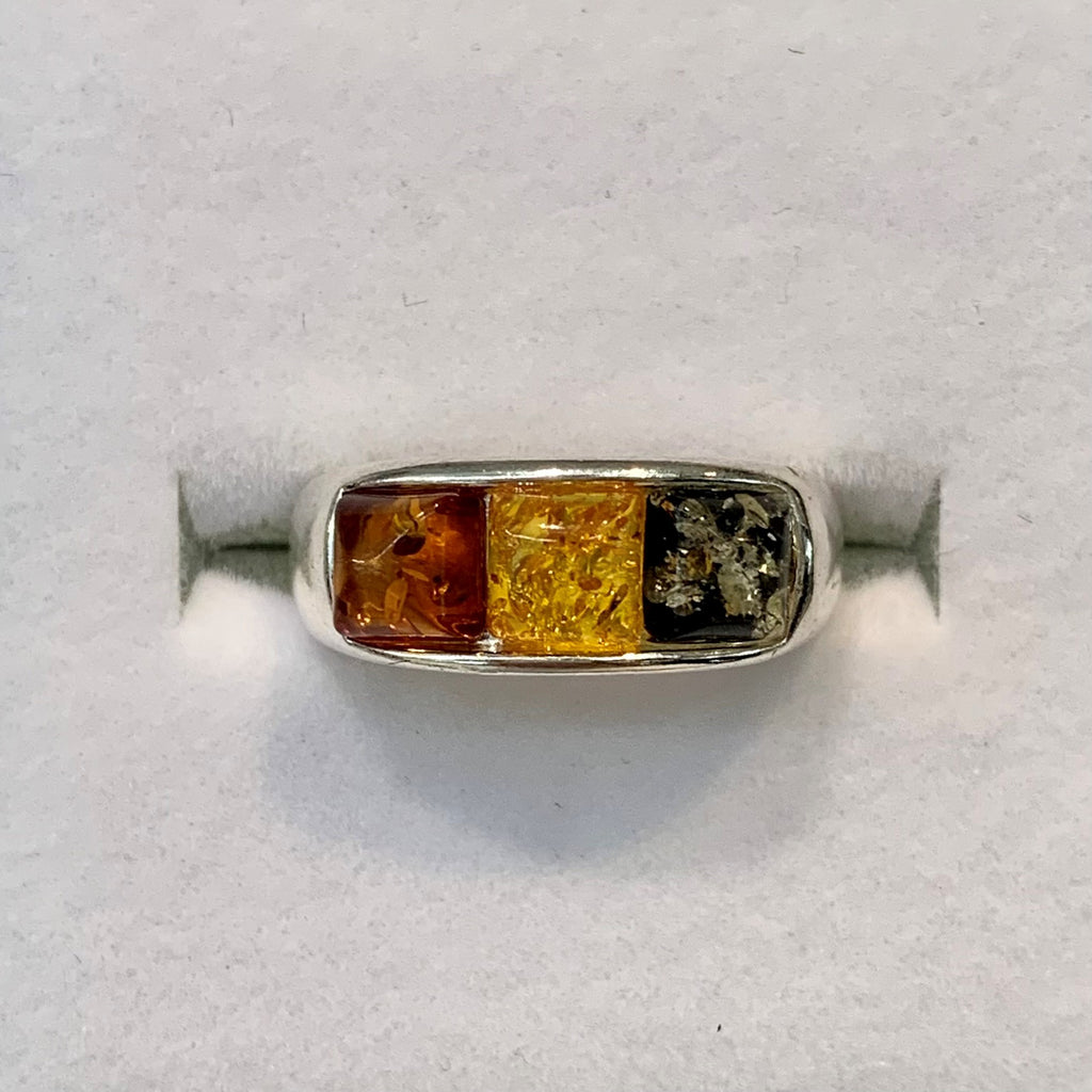 Sterling Silver Multi-coloured Square Amber Ring - G8760