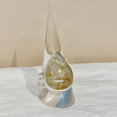 Sterling Silver Large Pear-Shaped Golden Rutilated Quartz Ring - G8555