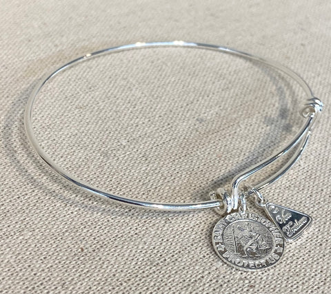 Sterling Silver Adjustable Bangle with Medium Round Saint Christopher Charm - G6873