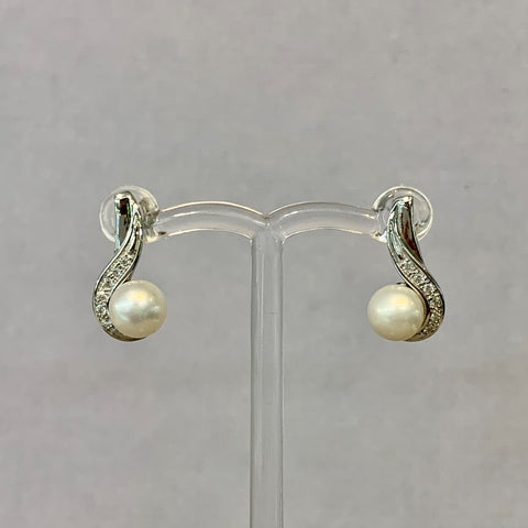 Sterling Silver White Freshwater Pearl and CZ Drop Earrings - P1196