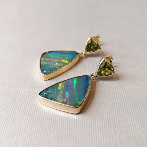 9ct Yellow Gold Opal and Peridot Drop Earrings -G7216