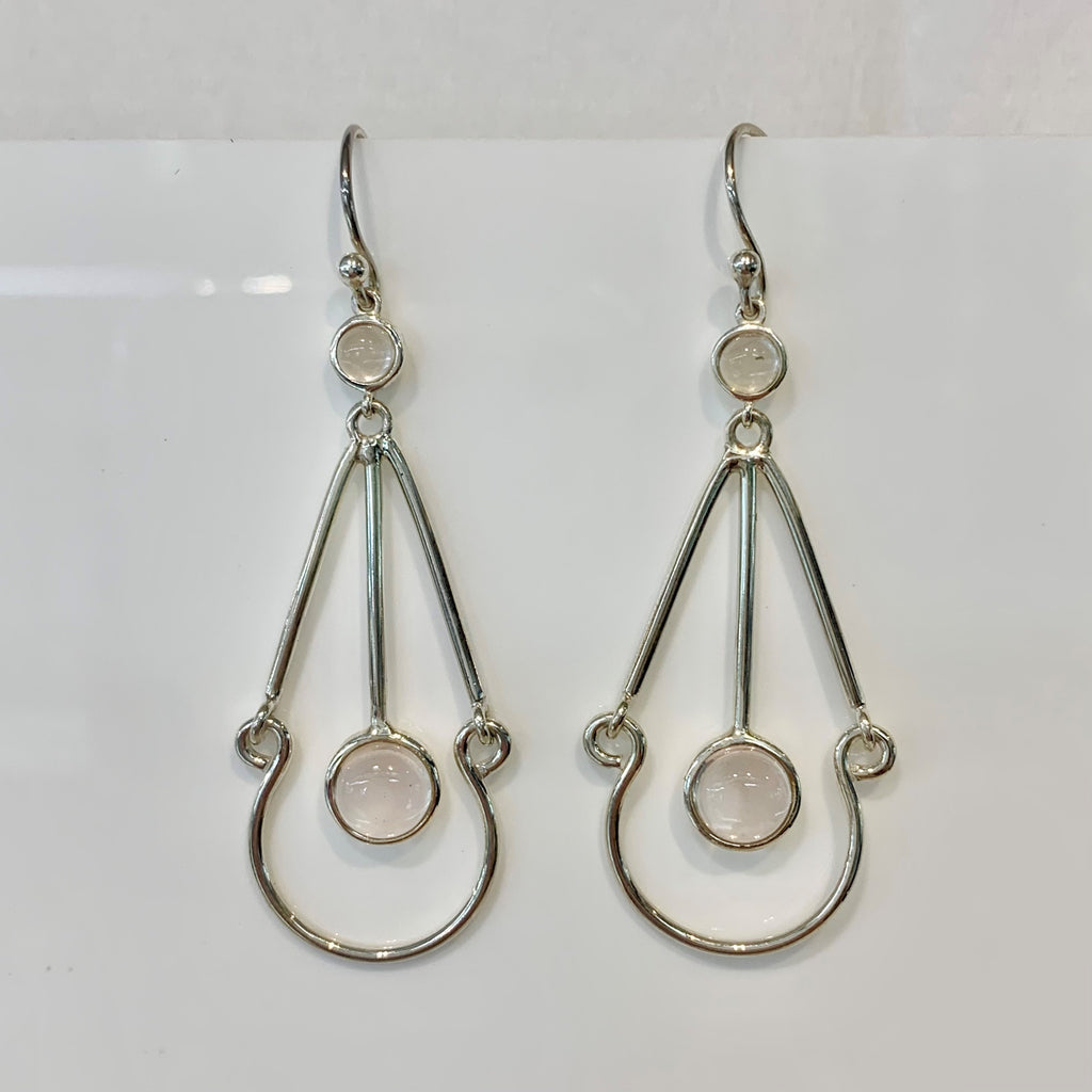 Sterling Silver Rose Quartz Art Deco Style Drop Earrings - G8510