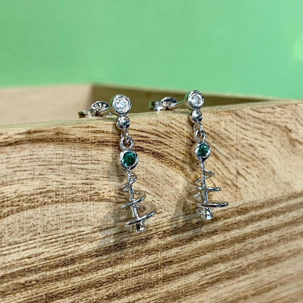 Sterling Silver CZ & Created emerald Christmas Tree Earrings - G8590