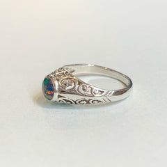 Sterling Silver Raised Filigree Ring with Black Man-Made Round Opal - R1725