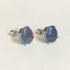 Sterling Silver Oval Claw Set Blue/Green Triplet Opal Stud Earrings - G1907