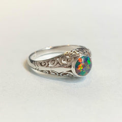 Sterling Silver Raised Filigree Ring with Black Man-Made Round Opal - R1725