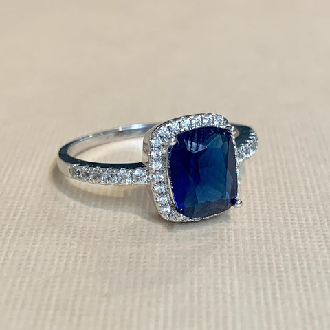 Sterling Silver Cushion Cut Created Sapphire and Cubic Zirconia Ring - R2141