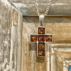 Sterling Silver Square Amber Cross Pendant - G8782