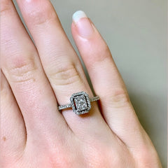 14ct White Gold Emerald Cut Illusion Set Diamond Halo Engagement Ring - R1800