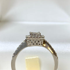 14ct White Gold Emerald Cut Illusion Set Diamond Halo Engagement Ring - R1800