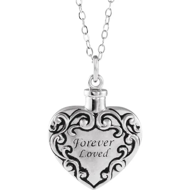 Sterling Silver "Forever Loved" Filigree Heart Memorial Pendant - G9076