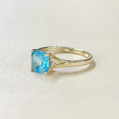 9ct Gold Cushion Cut Blue Topaz & Diamond Ring - G9048