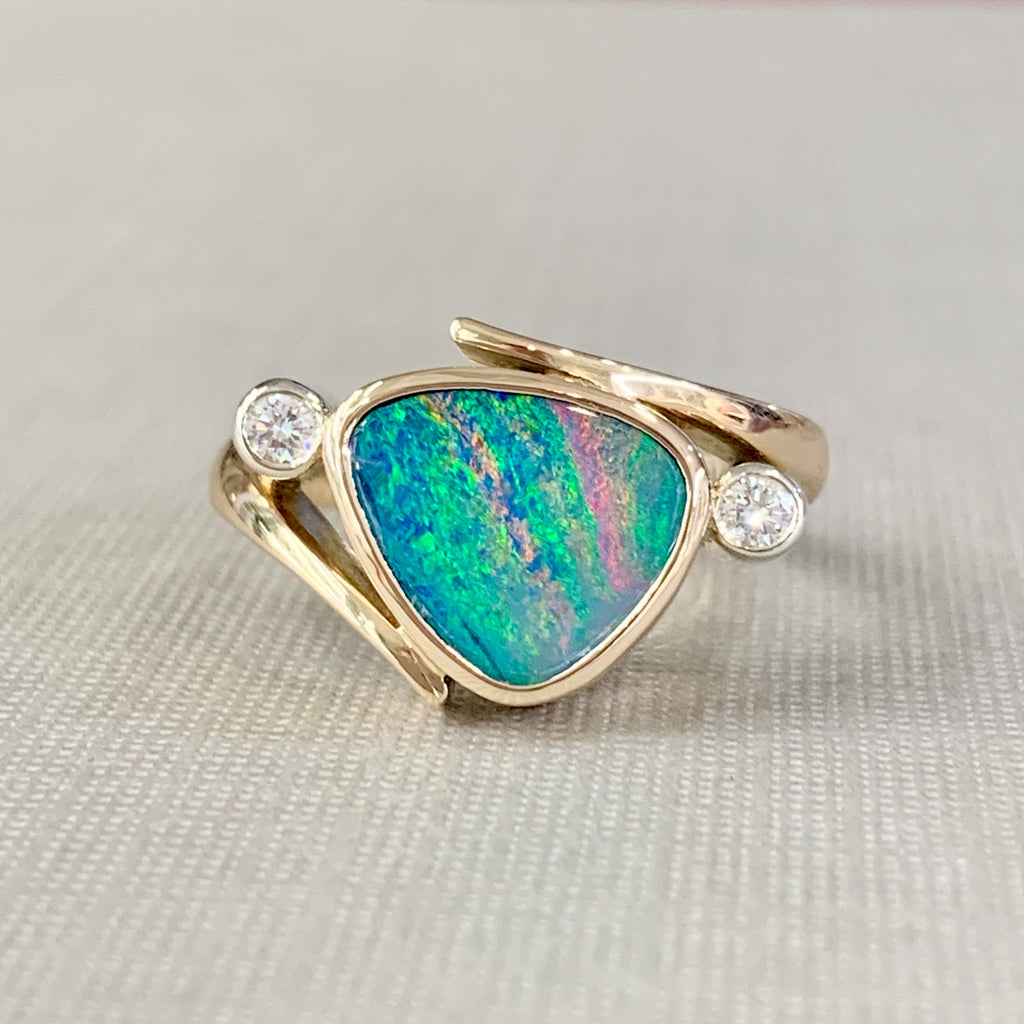 Handmade 9ct Yellow Gold Opal Doublet And Diamond Ring - R2038