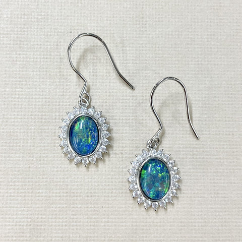 Sterling Silver Triplet Opal Earrings With Cubic Zirconia Halo - G9038