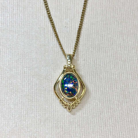 S/S Hard-Yellow-Gold-Plated Triplet Oval Opal Pendant - G9043