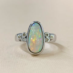 Sterling Silver Solid Diamond & Coober Pedy Tear Drop Crystal Opal Ring - R2152