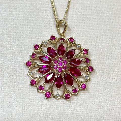 9ct Yellow Gold Created Ruby and Diamond Flower Pendant - G9072