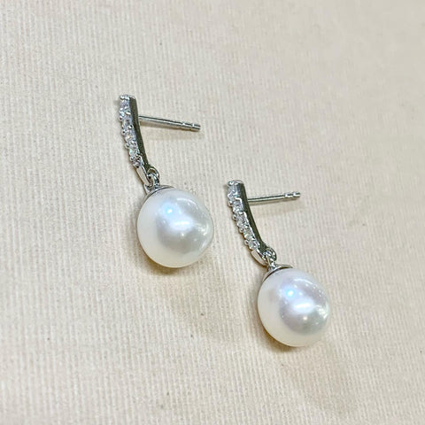 Sterling Silver Cubic Zirconia Set Pearl Drop Earrings - G9035