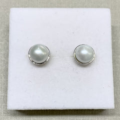 Sterling Silver Bezel White Freshwater Pearl Stud Earrings - P1181