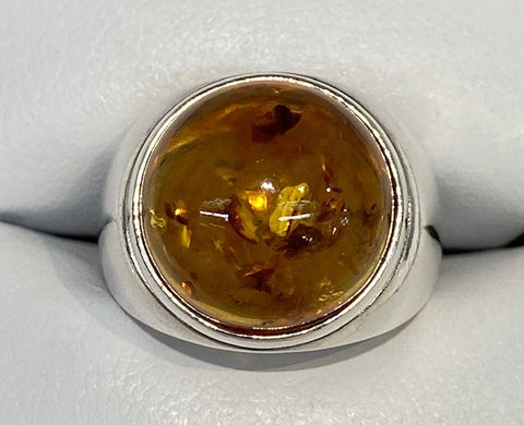 Sterling Silver Round Genuine Baltic Amber Ring - R2289